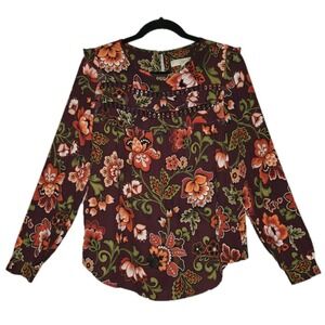 LOFT Floral Print Ruffle Blouse Womens Small Top Long Sleeve Round Neck Boho
